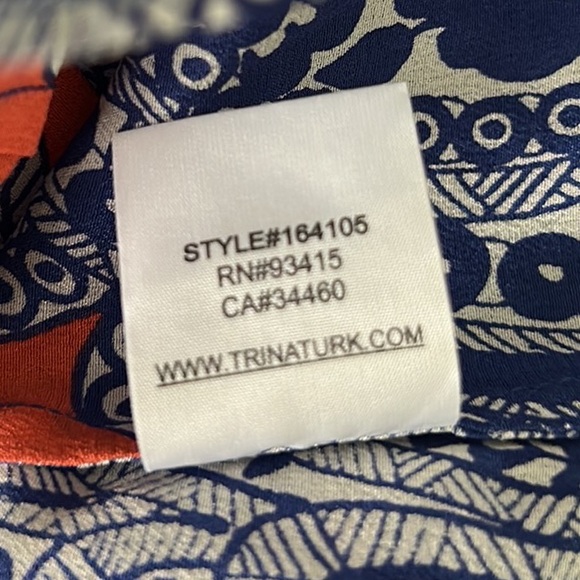 Trina Turk Silk Navy Blue & Orange Paisley Printed Cutout Ruffle Blouse - S - Picture 11 of 11